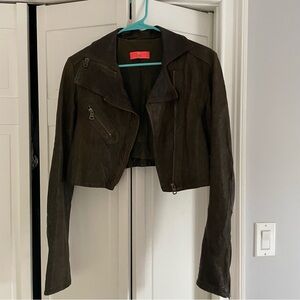 Cropped leather jacket with elbow patches